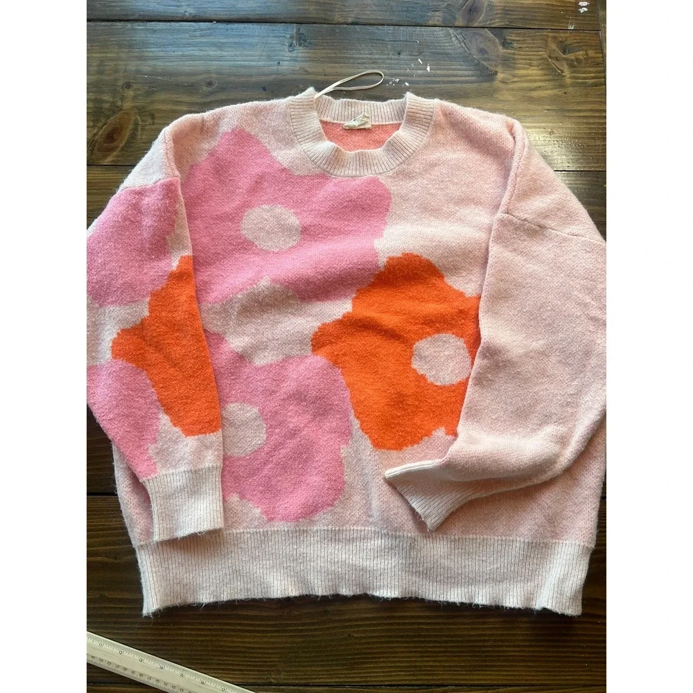 43 Story by Line Up Pink Orange Floral Oversized Knit Crewneck Sweater Large